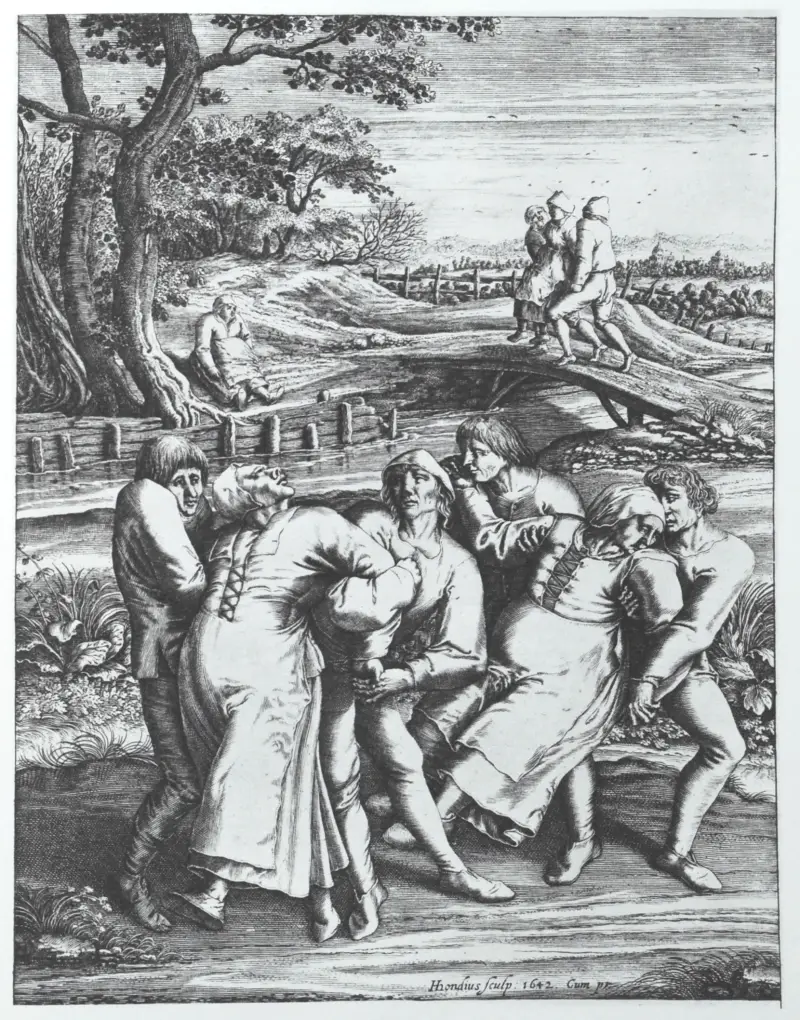 Mania taneczna podczas pielgrzymki do kościoła w Sint-Jans-Molenbeek, rycina Hendrika Hondiusa według rysunku Pietera Bruegla Starszego