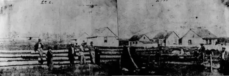 Photo d'une ferme ovine sur l'île de San Juan prise en 1859