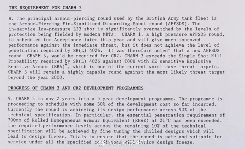 Fragment raportu o stanie rozwoju pocisku L27A1 (CHARM 3). Wskazuje, że przekroczone zostały wymagania dotyczące penetracji pancerza stalowego na głębokość 700 mm