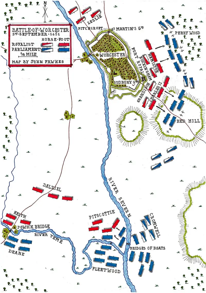 Карта битвы при Вустере 3 сентября 1651 года от историка Джона Фокса