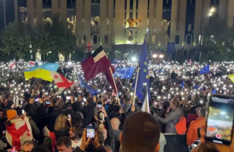 Флаги Украины на протестном митинге в Тбилиси явно дают понять, по какому пути оппозиция собирается вести Грузию